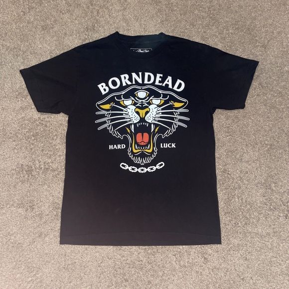 Born Dead Clothing Short Sleeve Black T Shirt Hard Luck Big Cat Size Medium - Picture 1 of 5